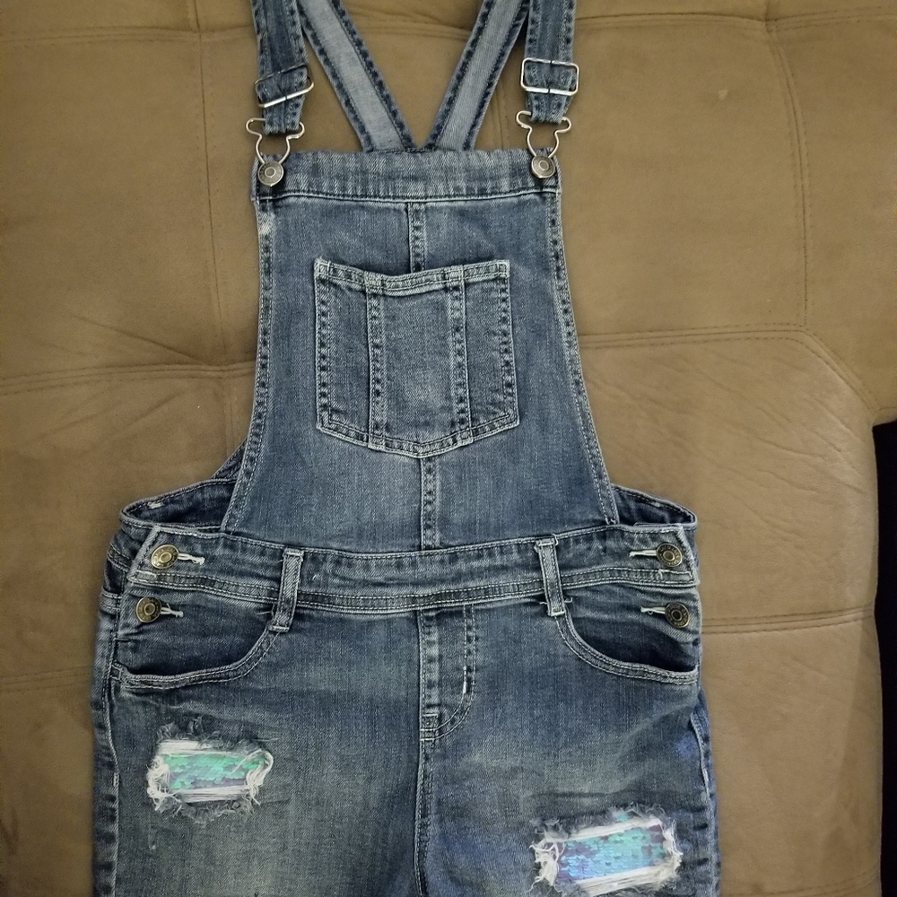 Cat & Jack Girls 10/12 L denim shortalls